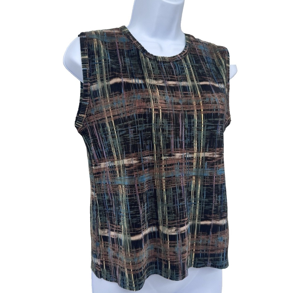 Plisse VTG Pleated Sleeveless Tank Top Plaid Artsy Festival indie gauzy striped